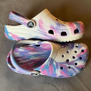 Size 13 Kids Crocs; White/Marbled Pink, Purple and Blue